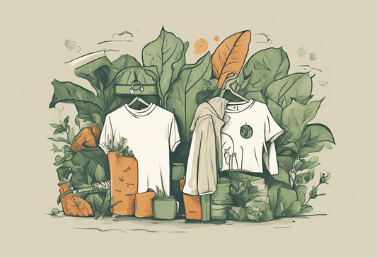 Des t-shirts suspendus dans un décor entouré de plantes vertes