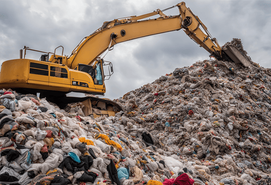 Un tractopelle sur une montagne de déchets textiles.