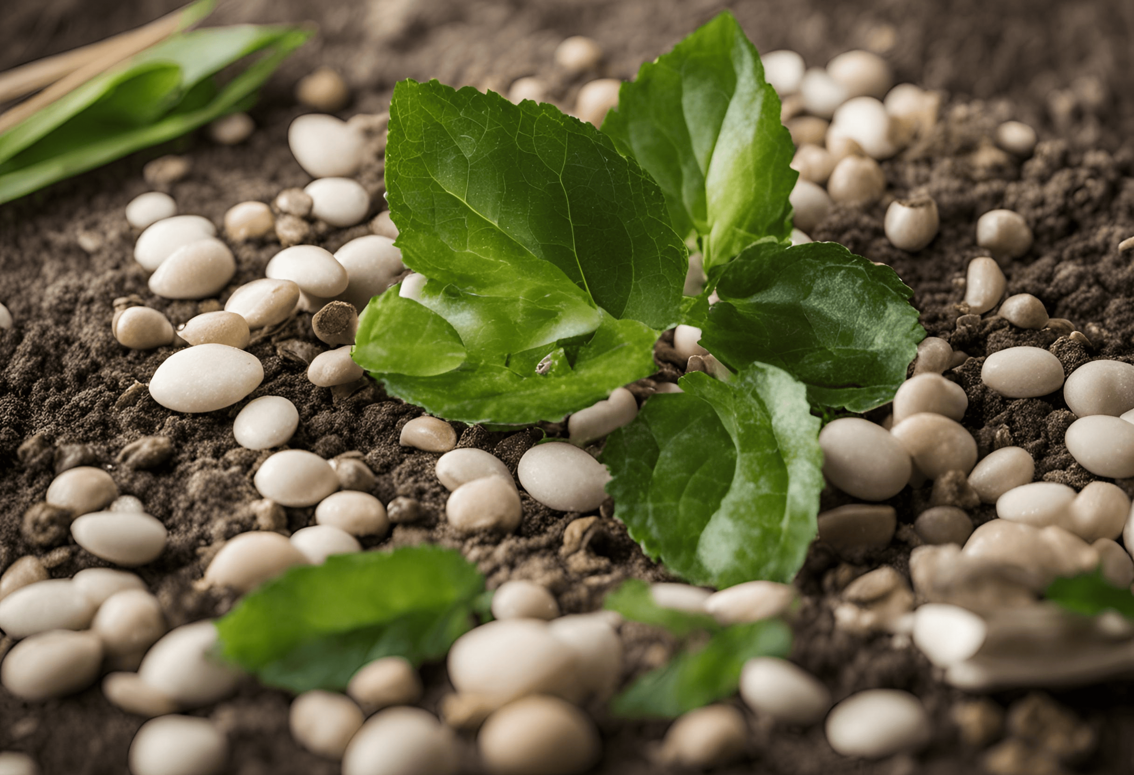 Petite plante verte posée sur la terre et entourée de petits cailloux blancs