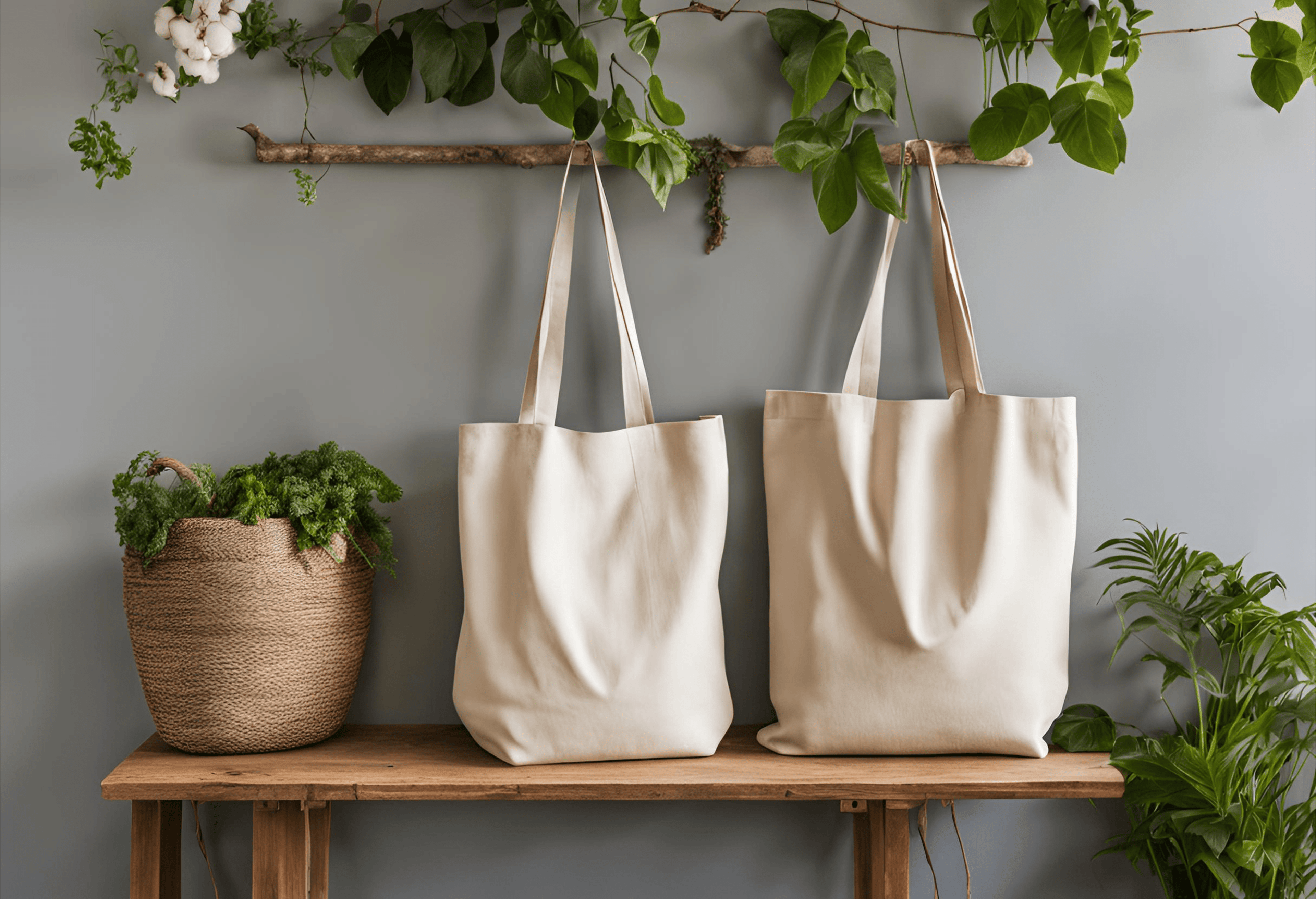 Deux tote bags posés sur un banc en bois, contre un mur, avec des plantes vertes sur les côtés et en haut